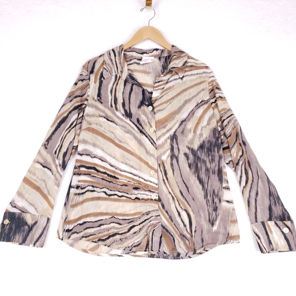 Studio C Button Front Blouse Relaxed Fit‎ Large Brown Beige Abstract Print Chic